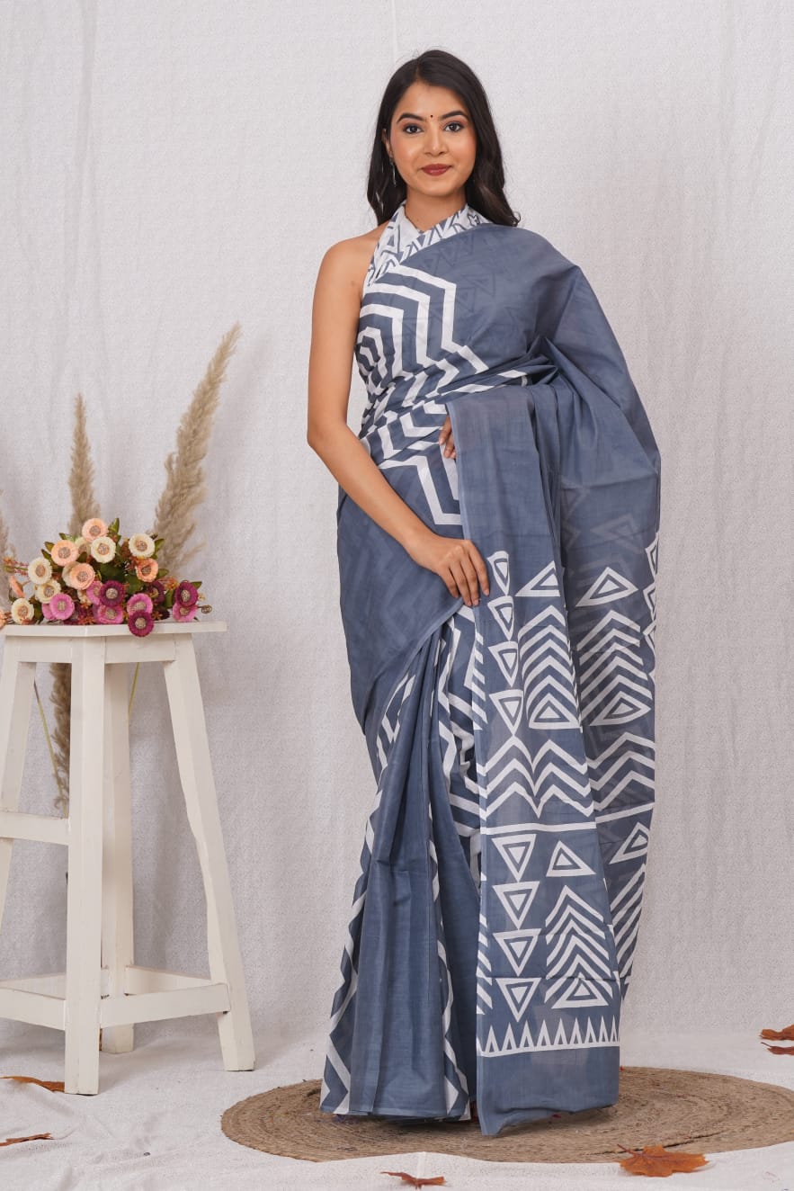Grey Mulmul Cotton Saree