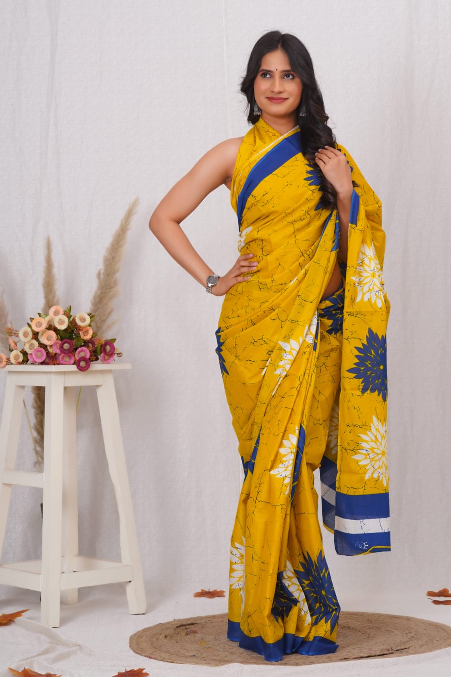 Mustard Yellow Mulmul Cotton Saree