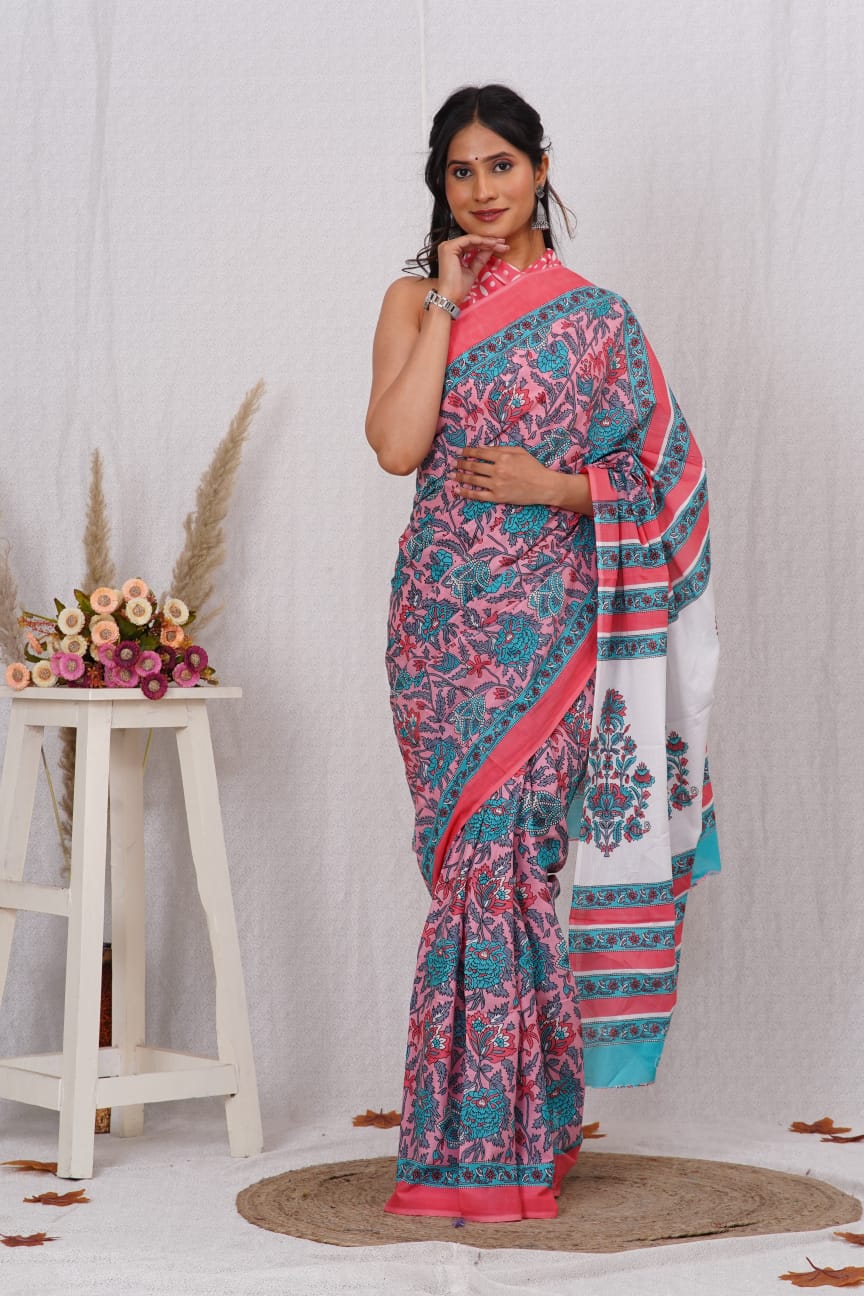 Baby Pink Mulmul Cotton Saree