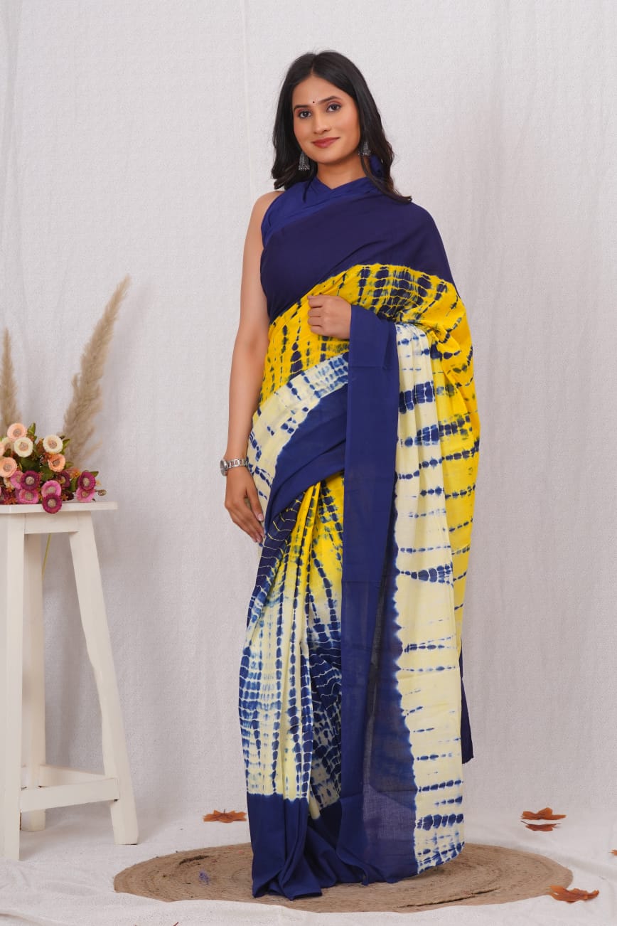 Mustard Yellow and Cream Mulmul Cotton Saree