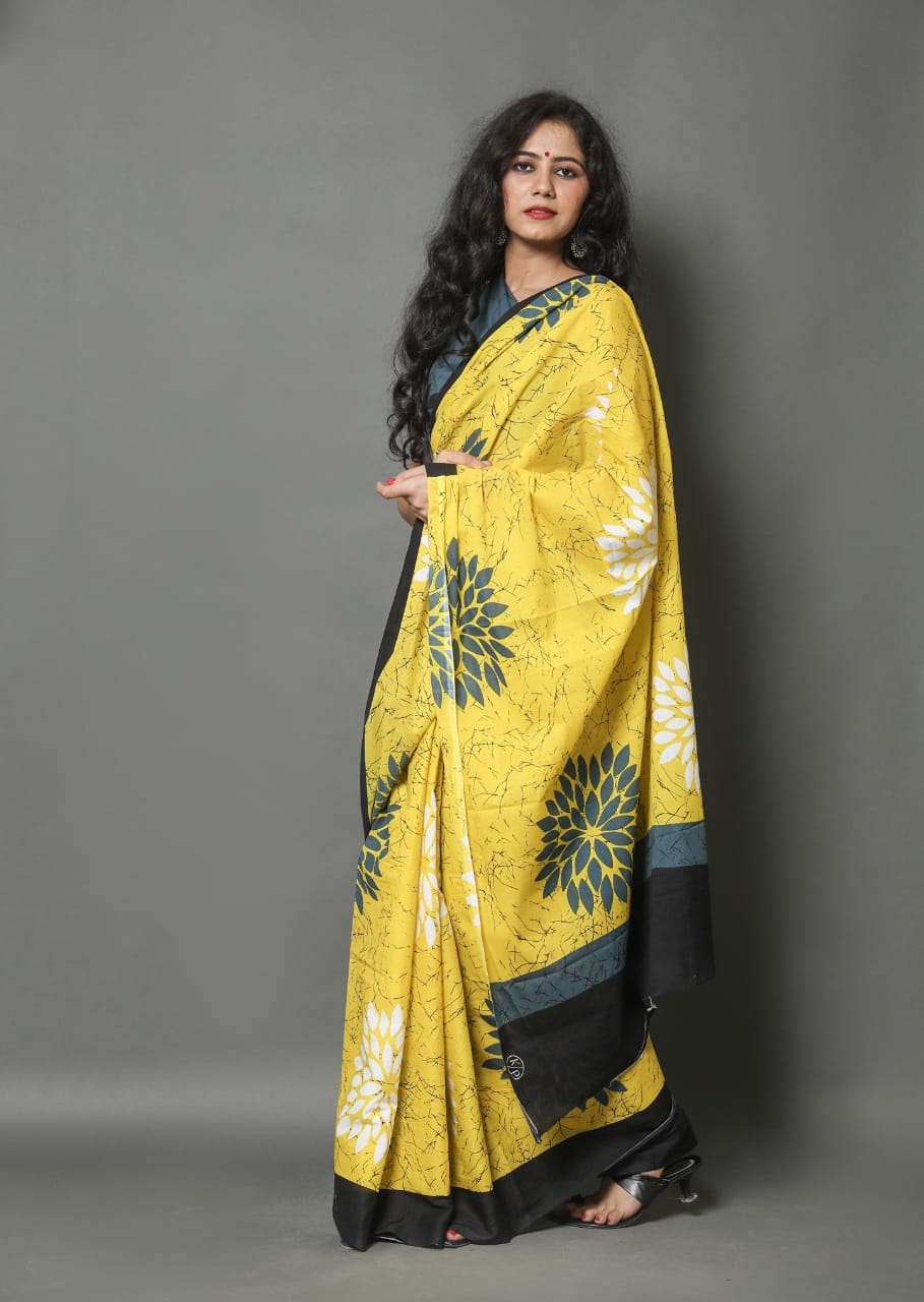 Yellow mulmul cotton saree