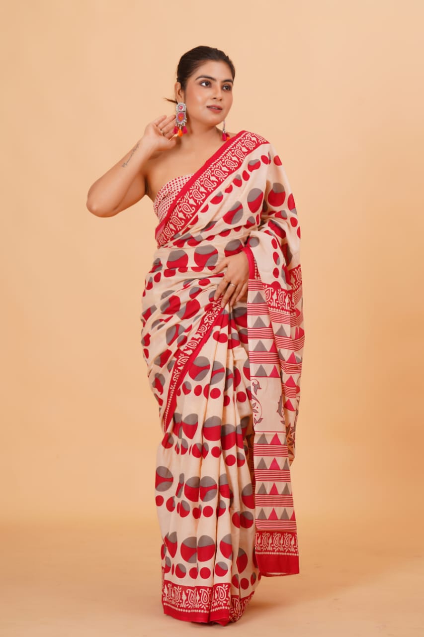 Cream Mulmul Cotton Saree