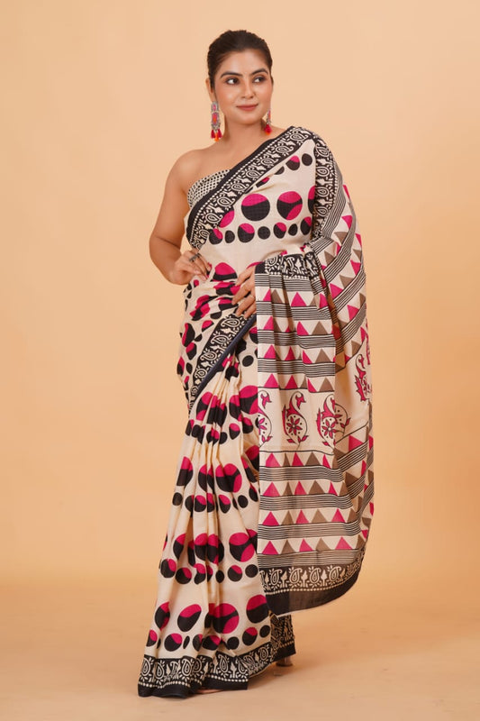 Cream Mulmul Cotton Saree