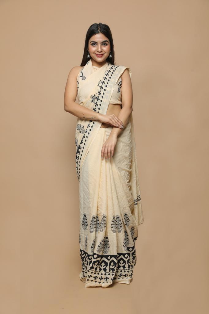 Cream mulmul cotton saree