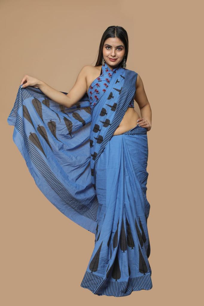 Blue mulmul cotton saree