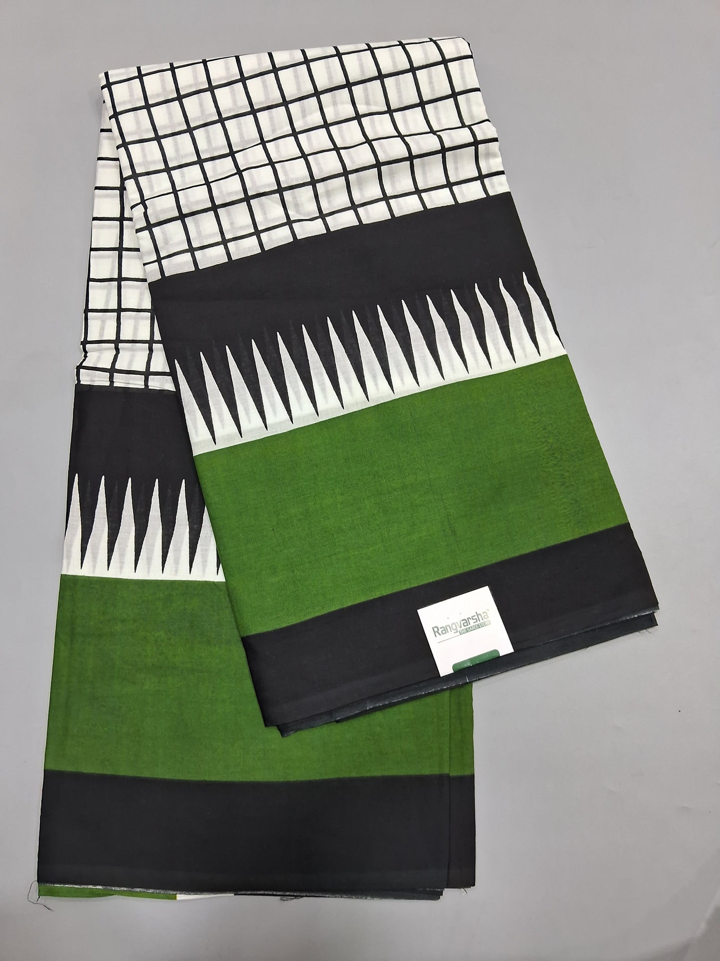 White and Black checked Mulmul Cotton Saree