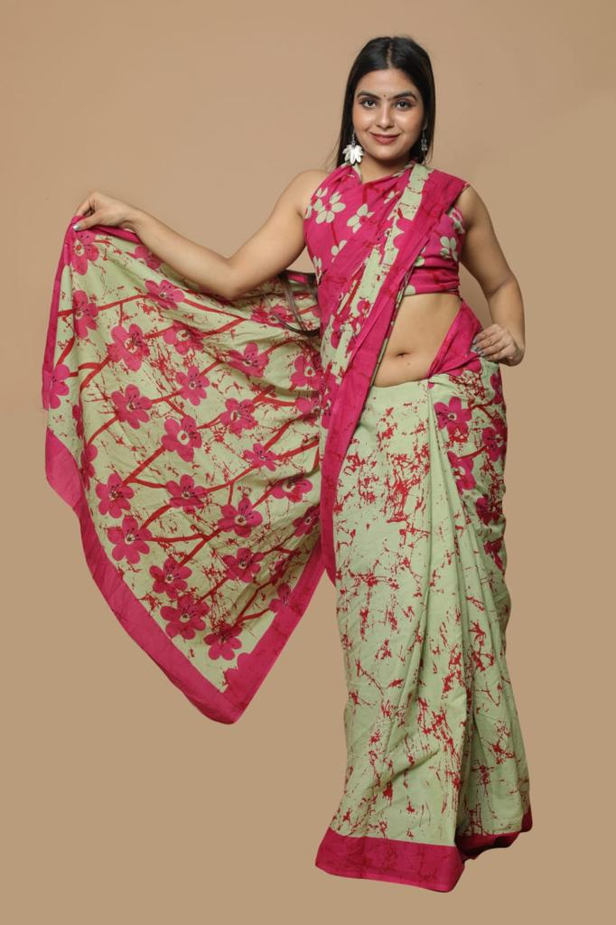 Green mulmul cotton saree