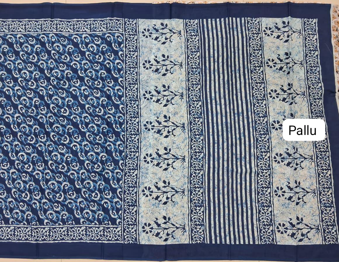 Navy Blue Mulmul Cotton Saree Pallu