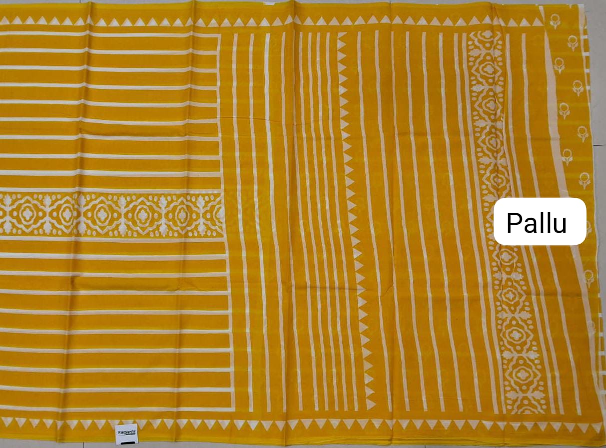 Yellow Mulmul Cotton Saree pallu