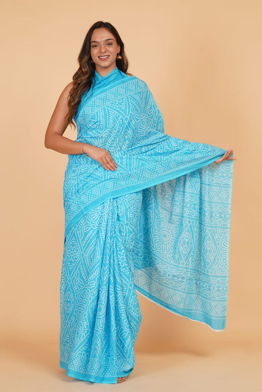 Aqua Blue Mulmul Cotton Saree