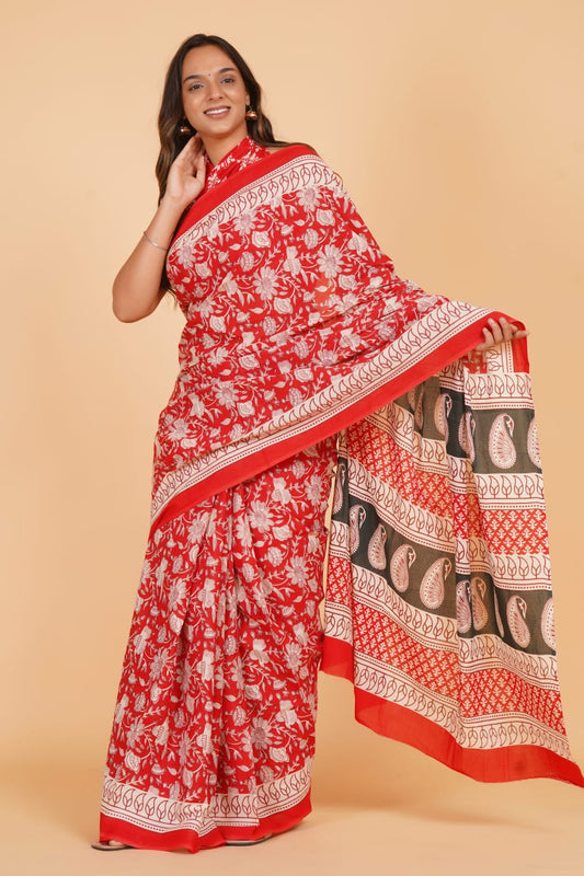 Red Mulmul Cotton Saree