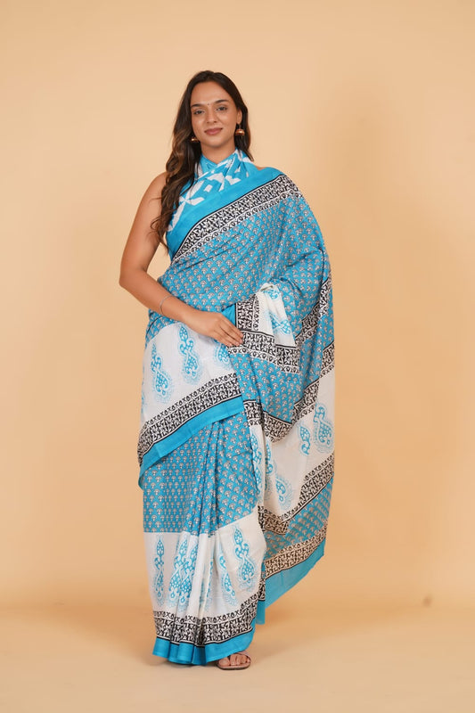 Blue Mulmul Cotton Saree