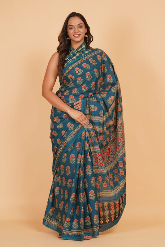 Greyish Blue Mulmul Cotton Saree