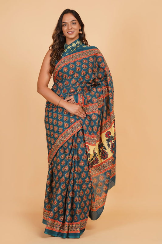 Greyish Blue Mulmul Cotton saree