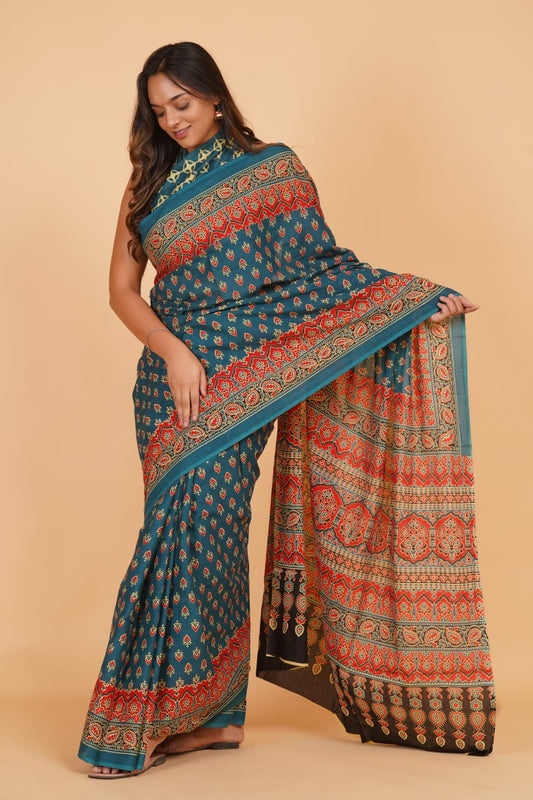 Greyish Blue Mulmul Cotton Saree