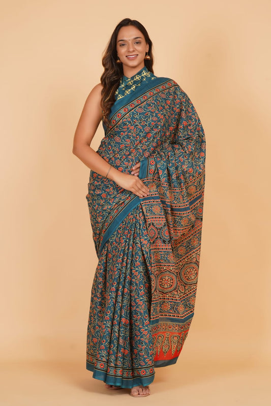 Teal Blue Mulmul Cotton Saree