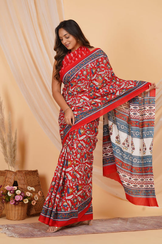 Fire Red Mulmul Cotton Saree