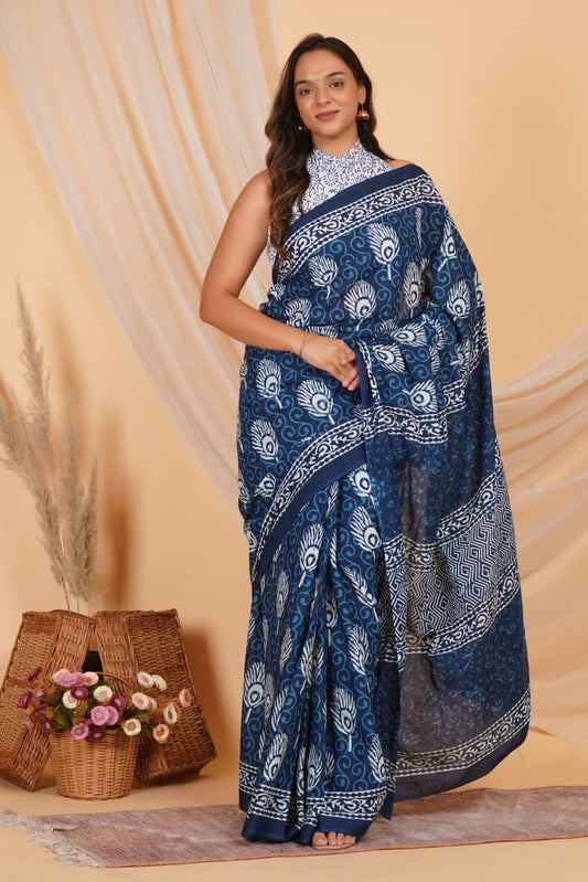 Navy Blue Mulmul Cotton Saree