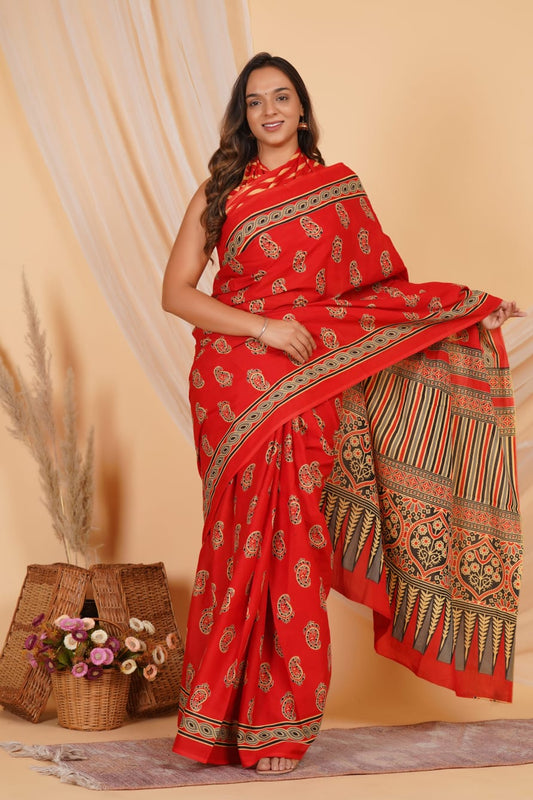 Fire Red Mulmul Cotton Saree