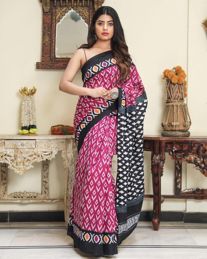 Pink mulmul cotton saree