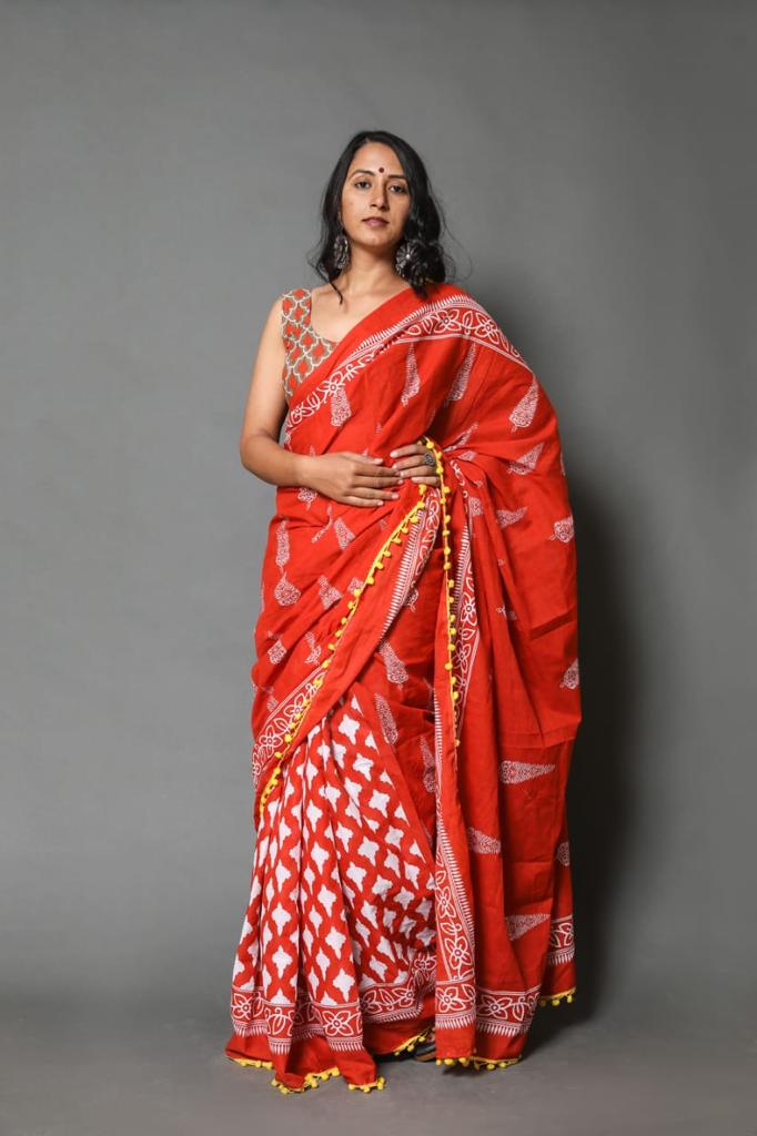 Orange mulmul cotton saree