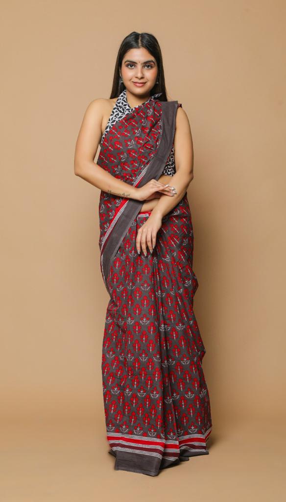 Brown mulmul cotton saree