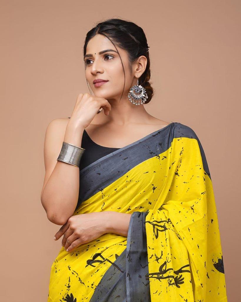 Yellow mulmul cotton saree
