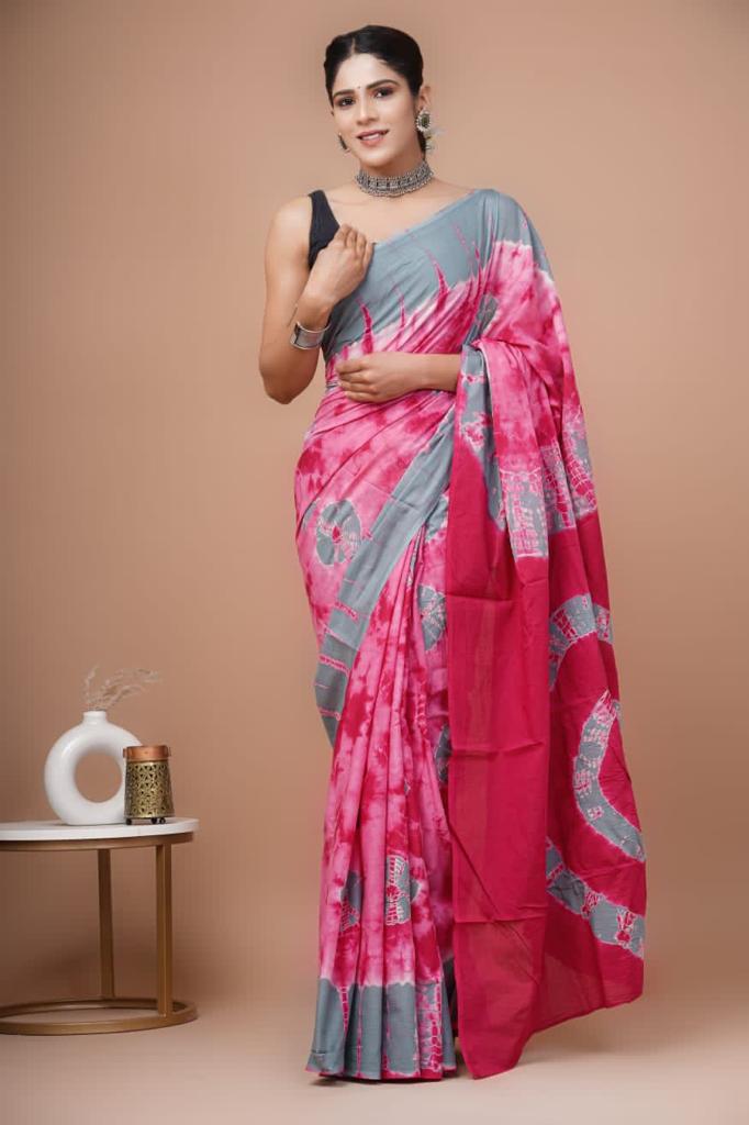 Pink mulmul cotton saree