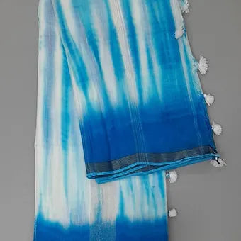 White and blue tie-dye mulmul cotton saree