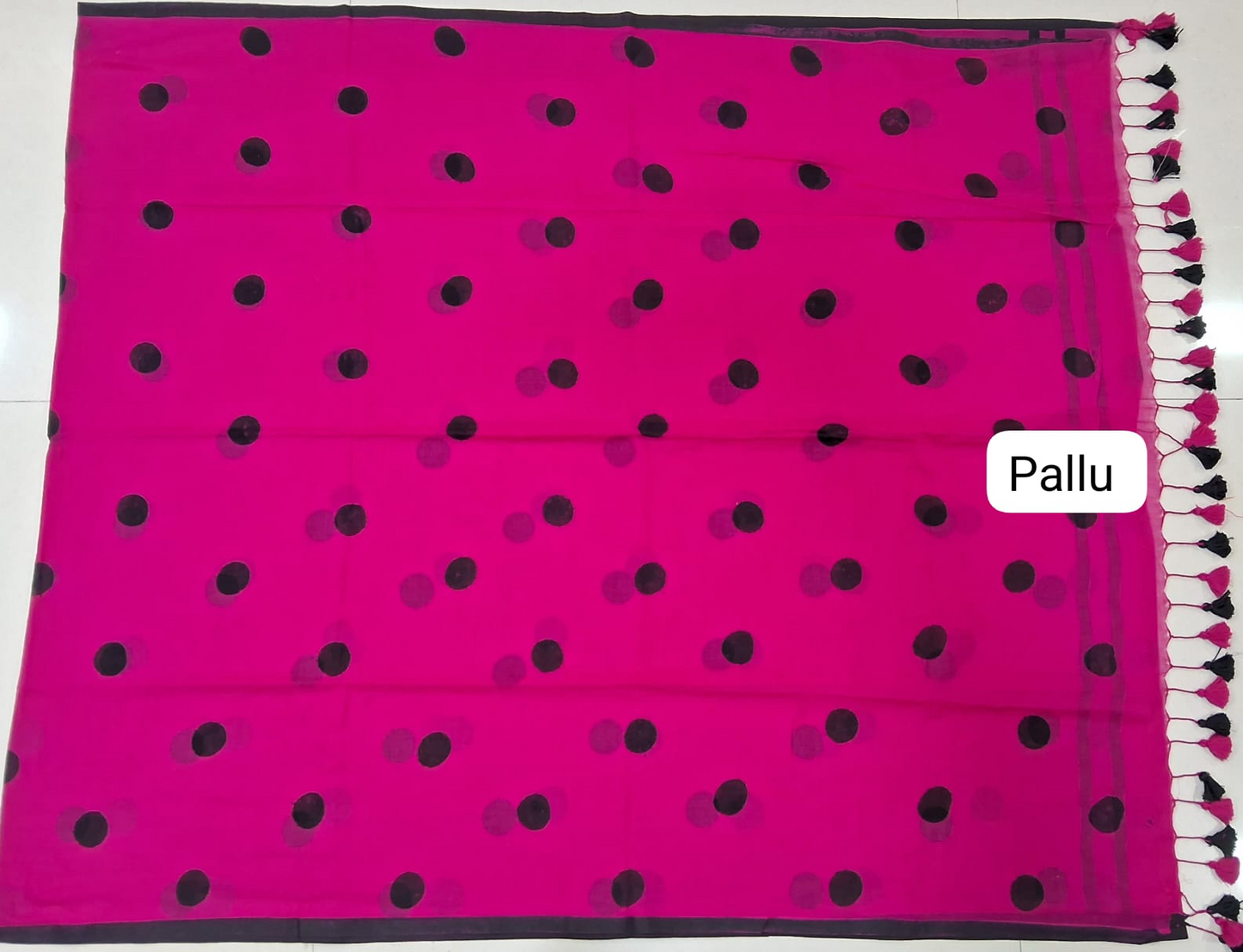 Pink Mulmul Cotton Saree with black polka dots pallu