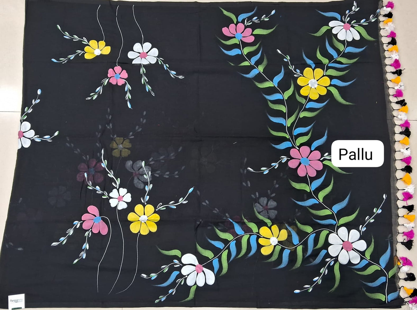 Black Mulmul Cotton Saree pallu