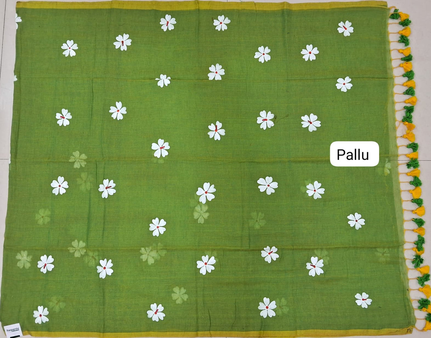Parrot Green Mulmul Cotton Saree pallu