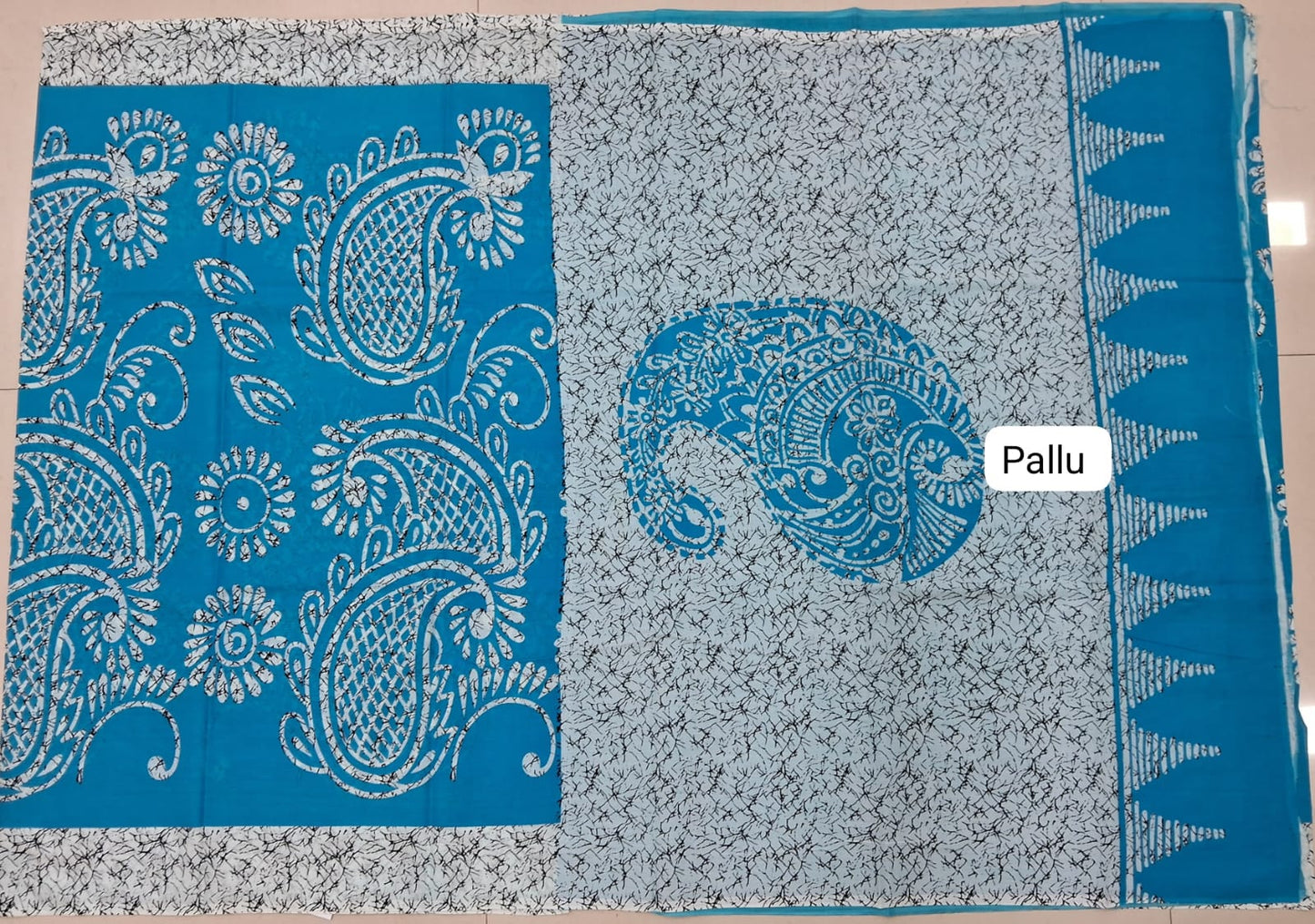 Ocean Blue Mulmul Cotton Saree Pallu