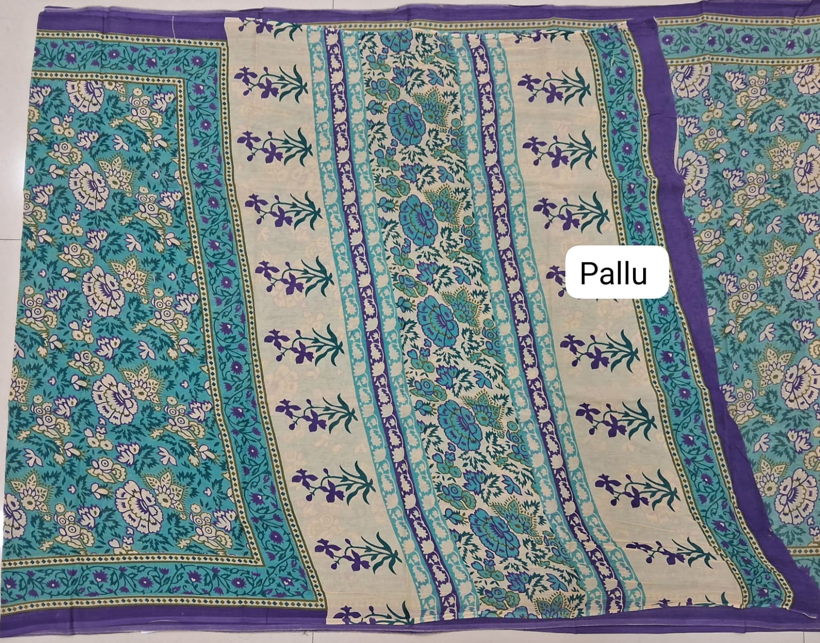 Teal Blue Mulmul Cotton Saree Pallu