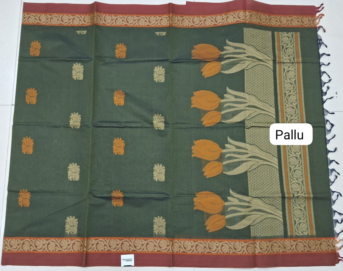 Army Green Korvai Kanchi Cotton Saree Pallu