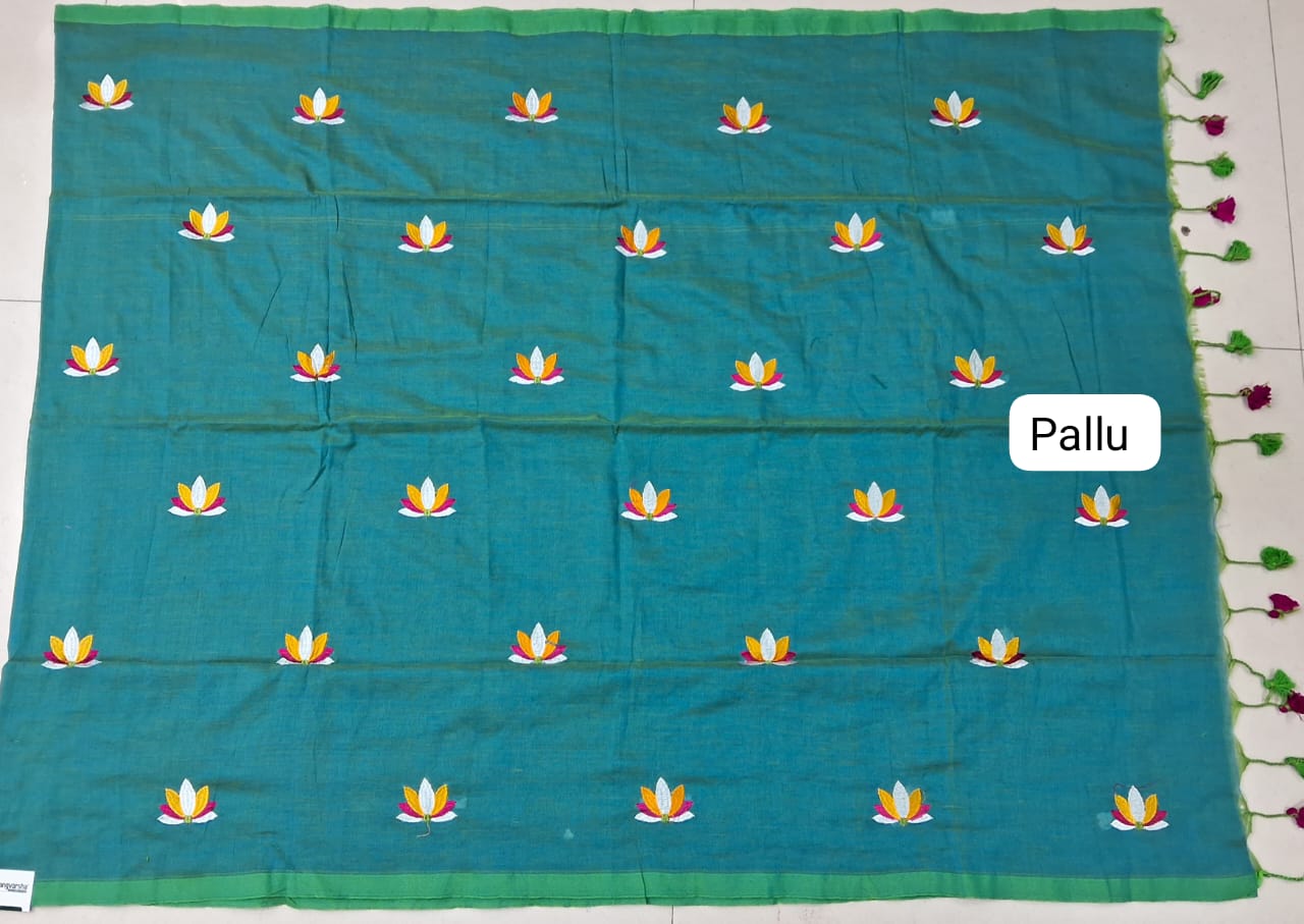 Teal Blue Khadhi Cotton Saree pallu