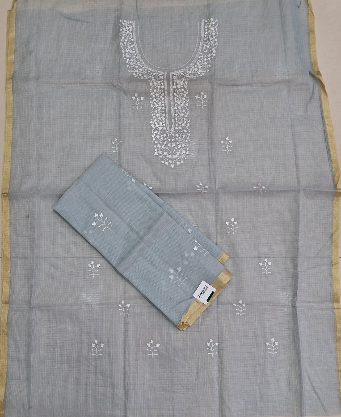 Light Grey Green Kota embroidered dress material