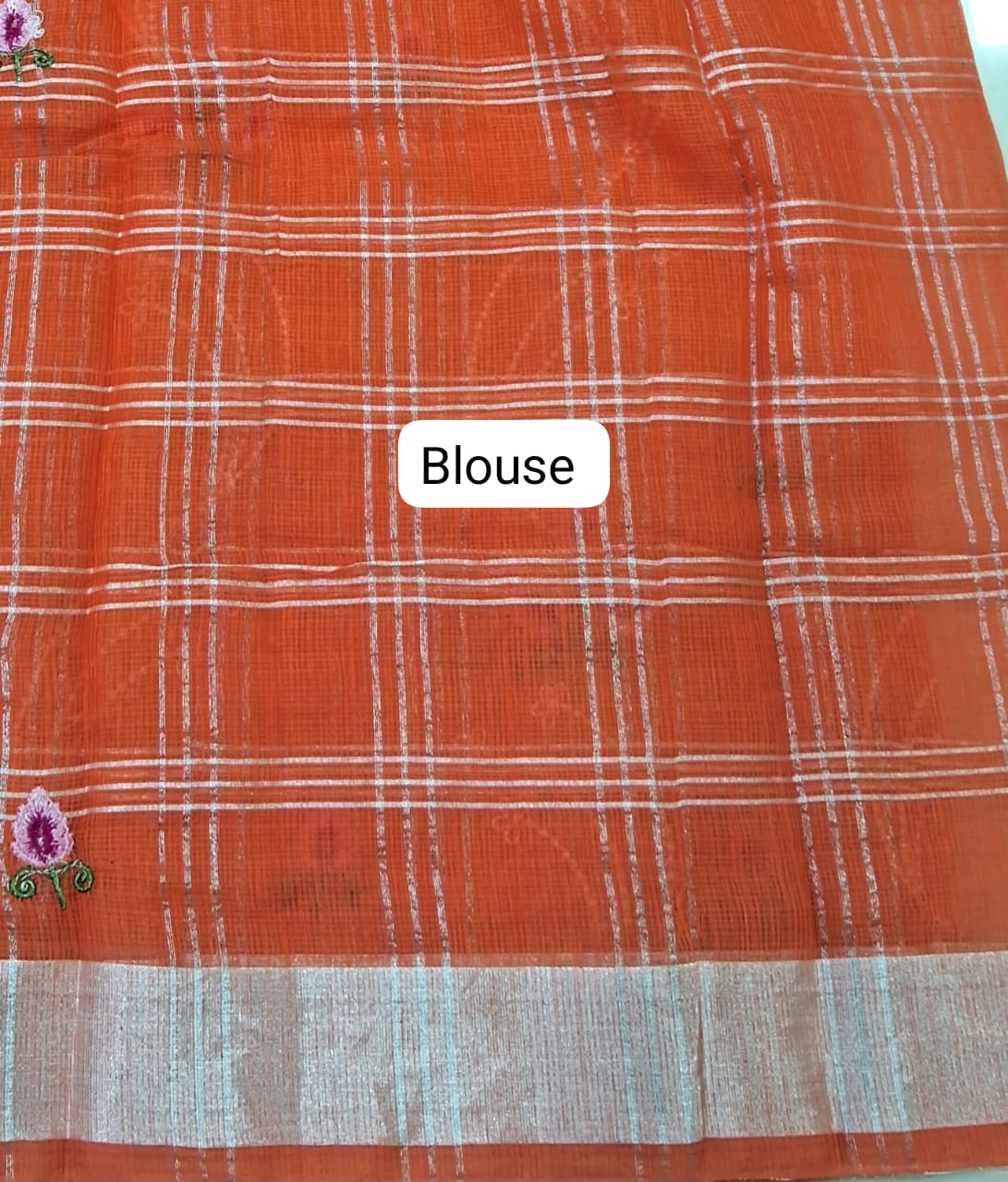 Embroidered Orange Kota Saree blouse
