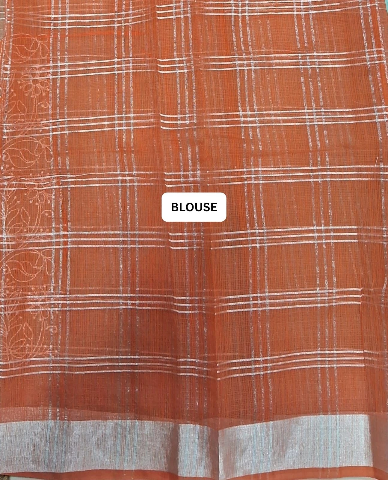 Embroidered Dark Orange Kota Saree blouse