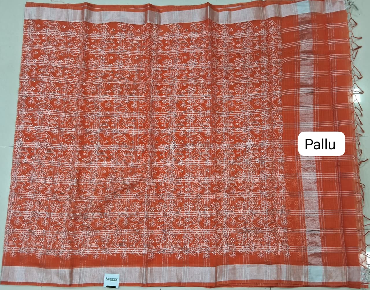 Embroidered Dark Orange Kota Saree pallu