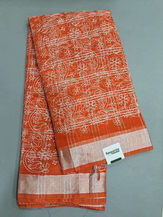 Embroidered Dark Orange Kota Saree