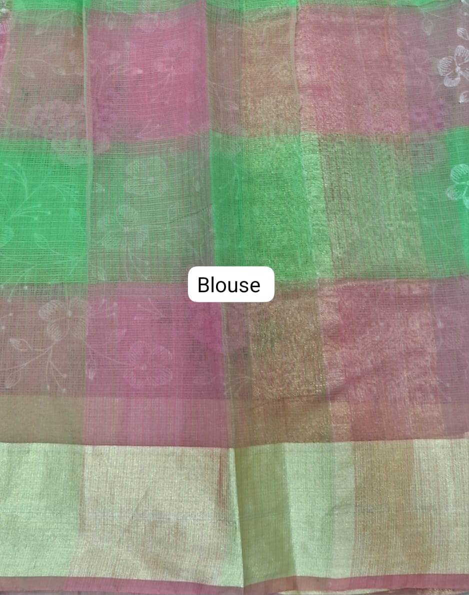 Pink,Green and Brown Kota Saree blouse
