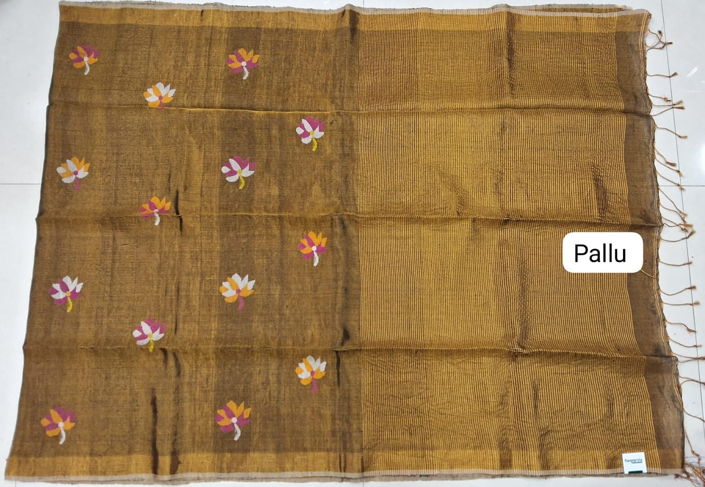 Mehandi Green dual shade Tissue Linen Saree pallu