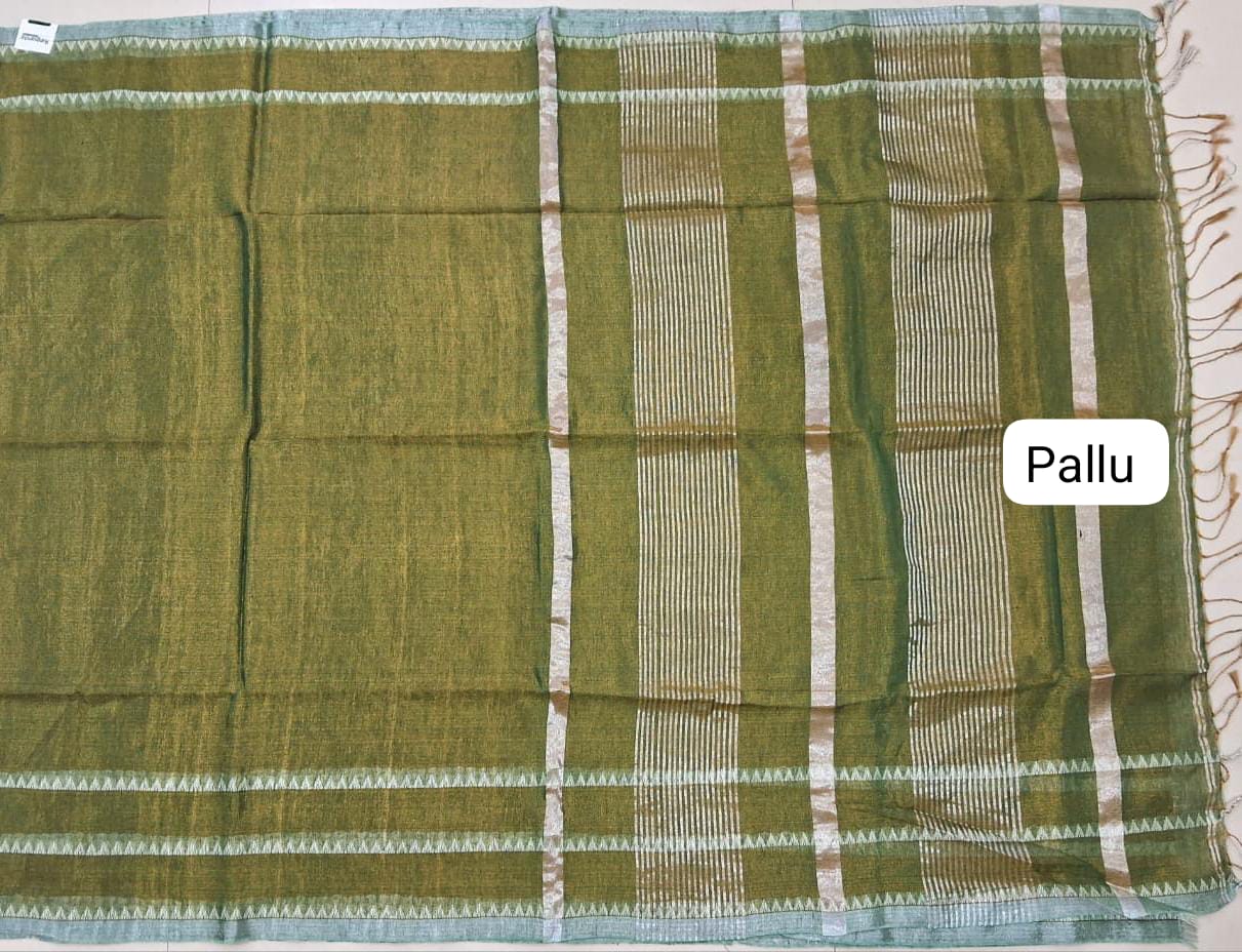 Olive green Khadhi Tissue Plain Linen Saree Pallu