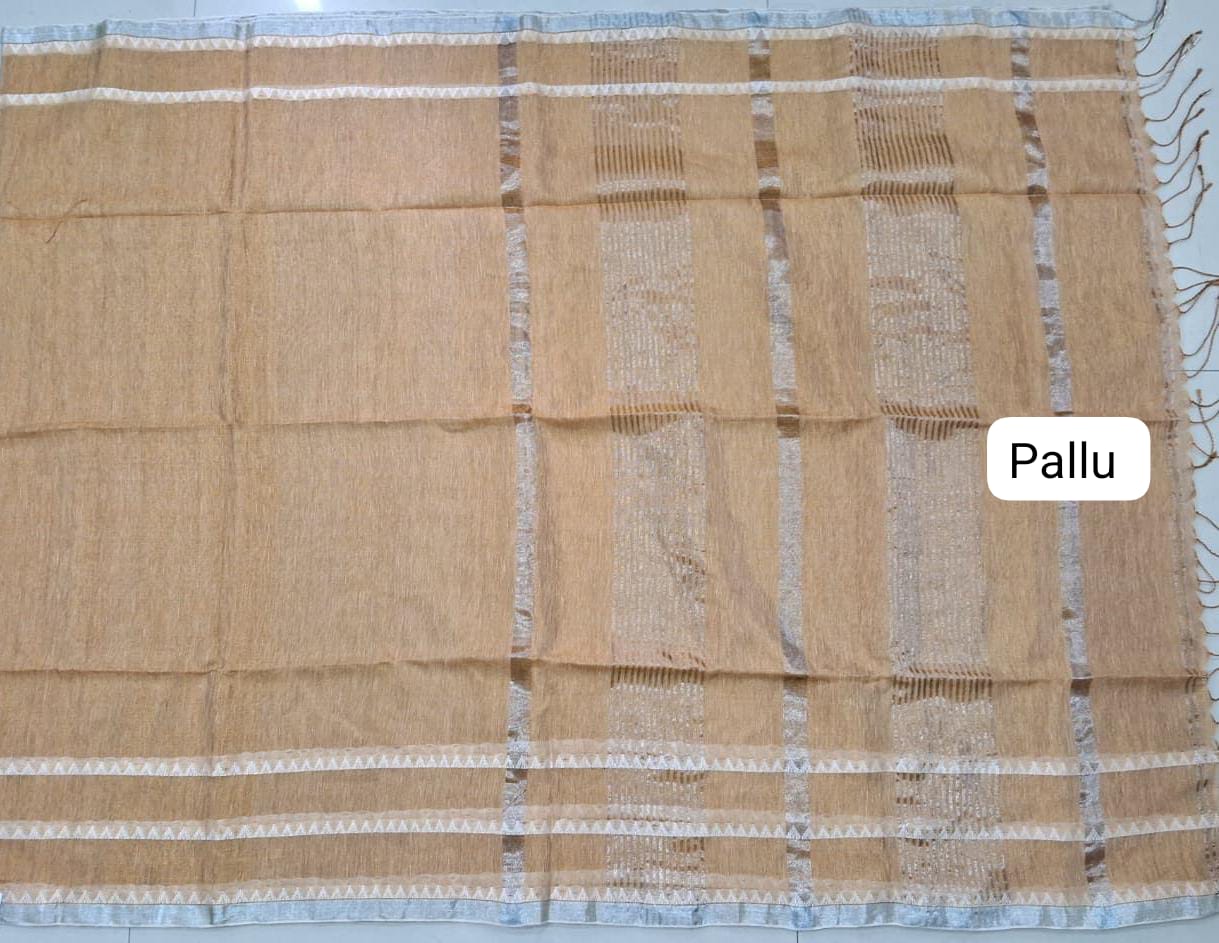 Beige Khadhi Tissue Plain Linen Saree Pallu