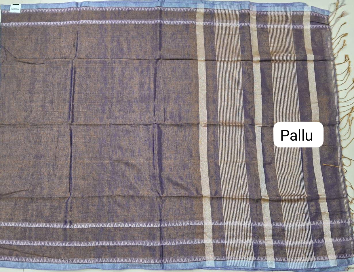 Bronze tone Purple Khadhi Tissue Plain Linen Saree Pallu