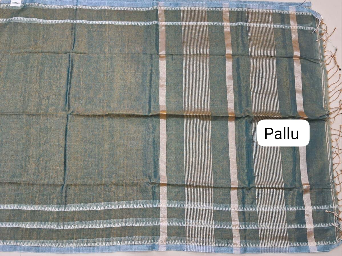 Seafoam Green Khadi Tissue Linen Saree Pallu
