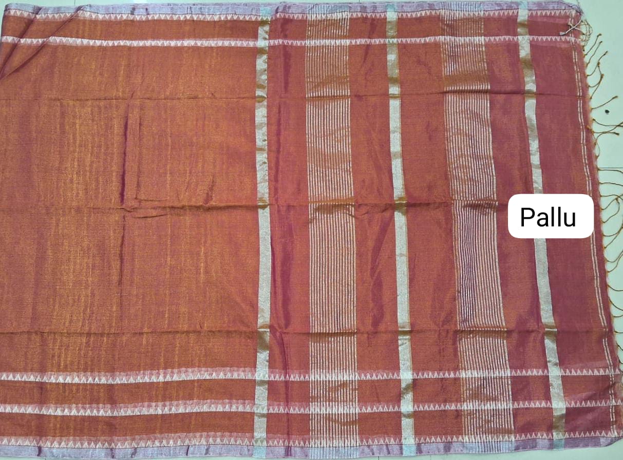 Peachish Brown Khadi Tissue Linen Saree pallu