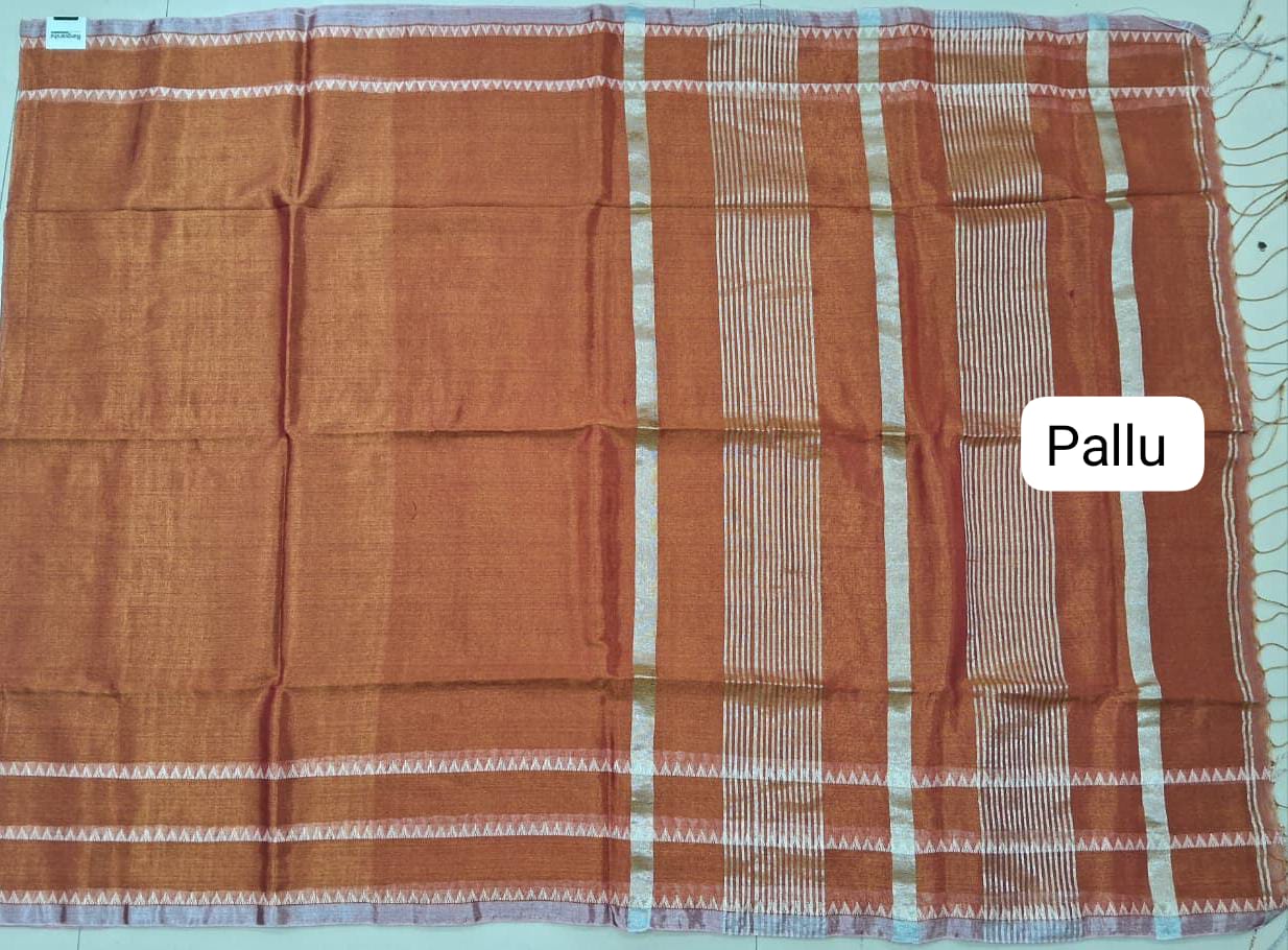 Metallic Orange Khadi Tissue Linen Saree Pallu