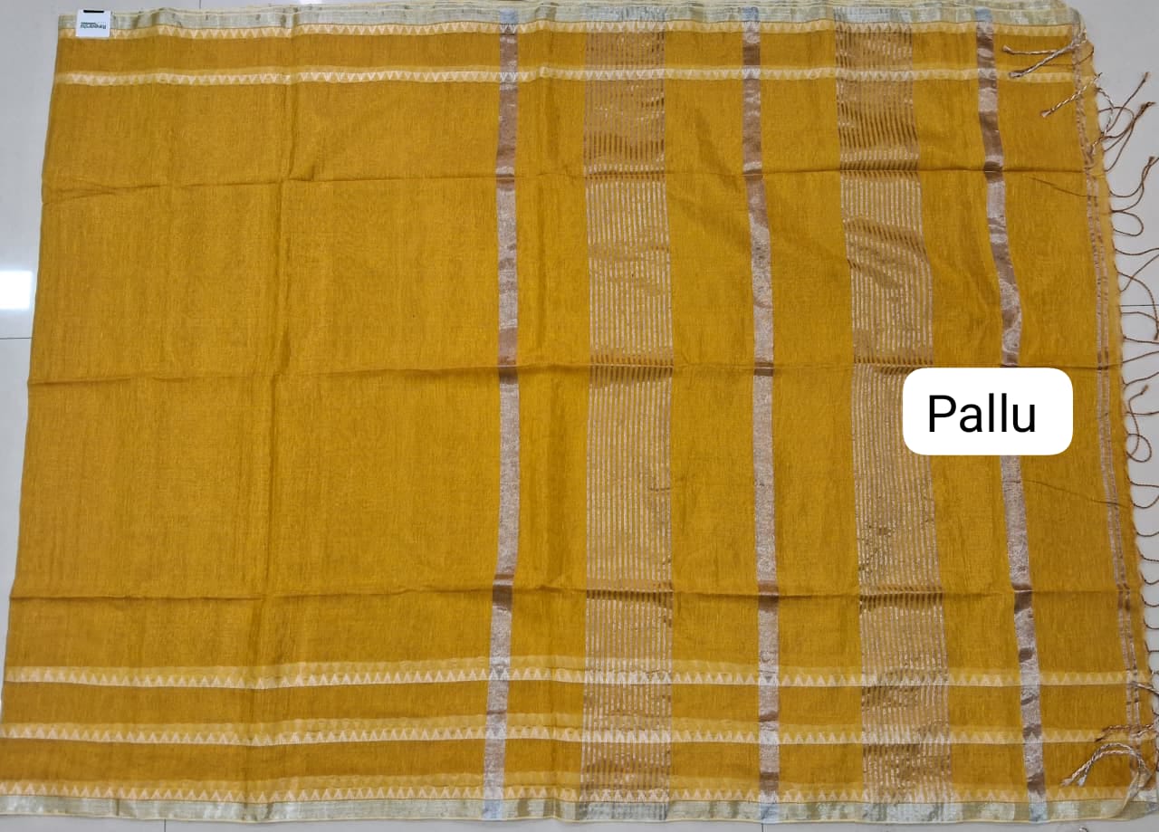 Yellow Khadi Tissue Linen Saree Pallu